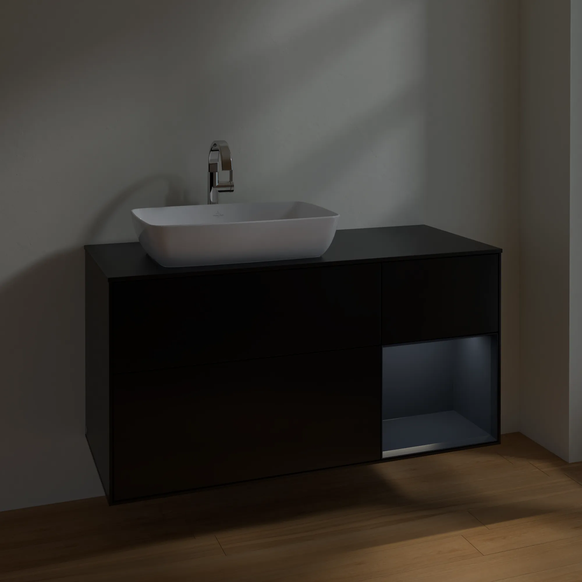 Villeroy & Boch Waschtischunterschrank „Finion“ für Schrankwaschtisch 1200 × 603 × 501 mm Black Matt Lacquer, für Becken links Villeroy & Boch Waschtischunterschrank „Finion“ für Schrankwaschtisch 1200 × 603 × 501 mm Black Matt Lacquer, für Becken links