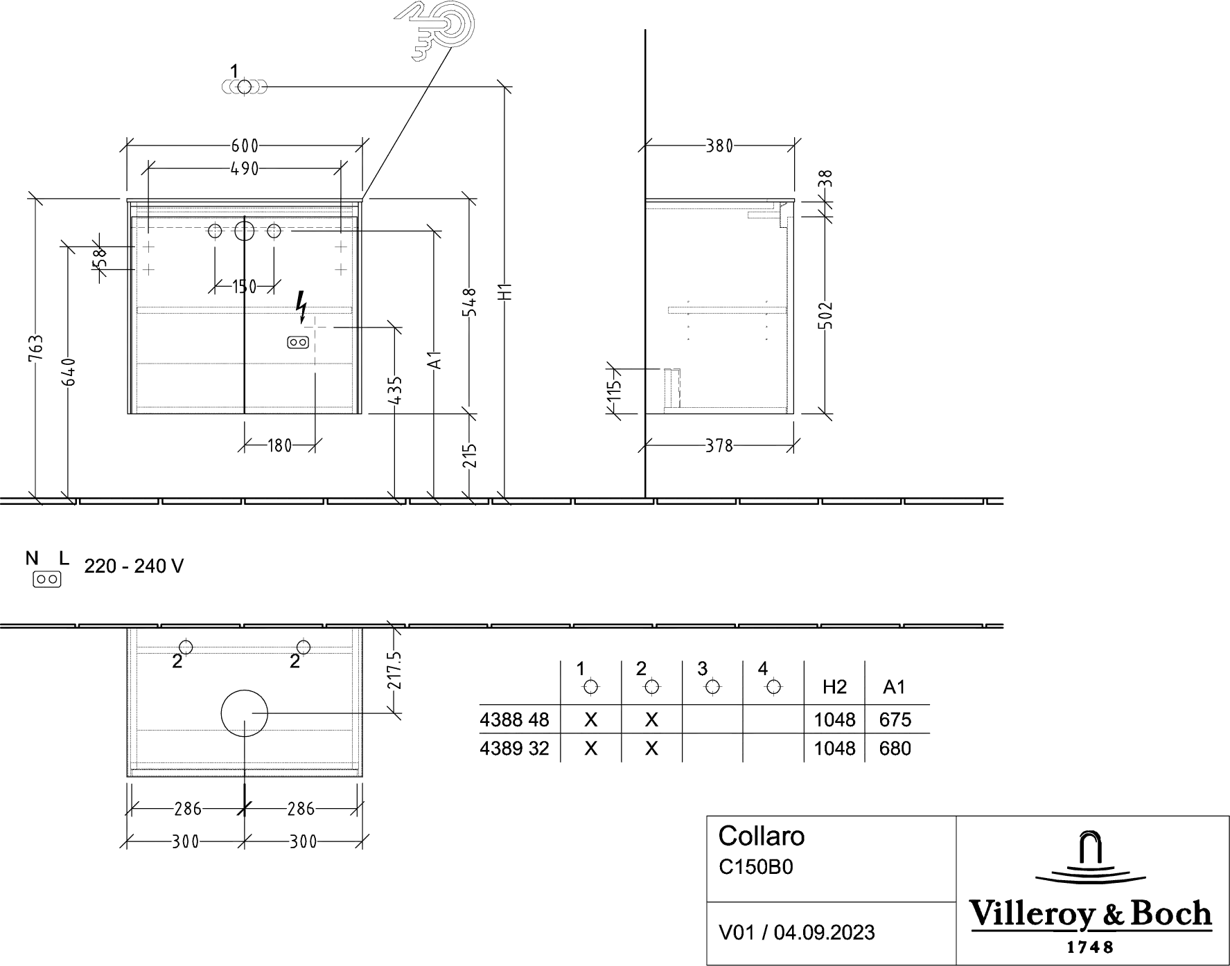 Villeroy & Boch Waschtischunterschrank „Collaro“ 600 × 548 × 380 mm Arizona Oak, für Becken mittig, mit Beleuchtung