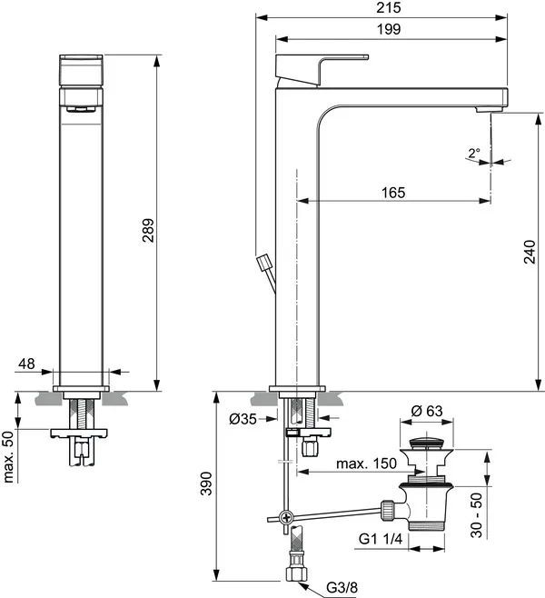 Waschtischarmatur Edge, mit verlängertem Sockel, 5 l/min., mit Ablaufgarnitur, Ausladung 165mm, Chrom Waschtischarmatur Edge, mit verlängertem Sockel, 5 l/min., mit Ablaufgarnitur, Ausladung 165mm, Chrom