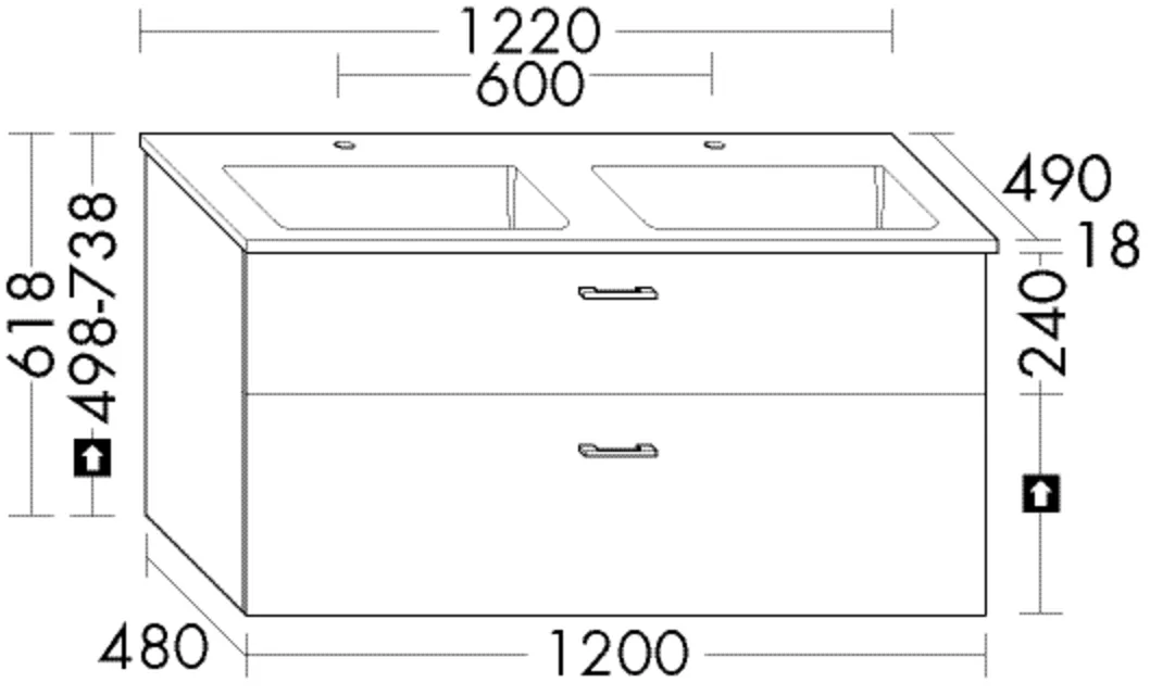 Mineralguss-Waschtisch Eqio inkl. Waschtischunterschrank - burgbad Sys30, 490x1220x618 mm, 2 Armaturbohrungen, Doppelaschtisch, 500x305 mm Becken