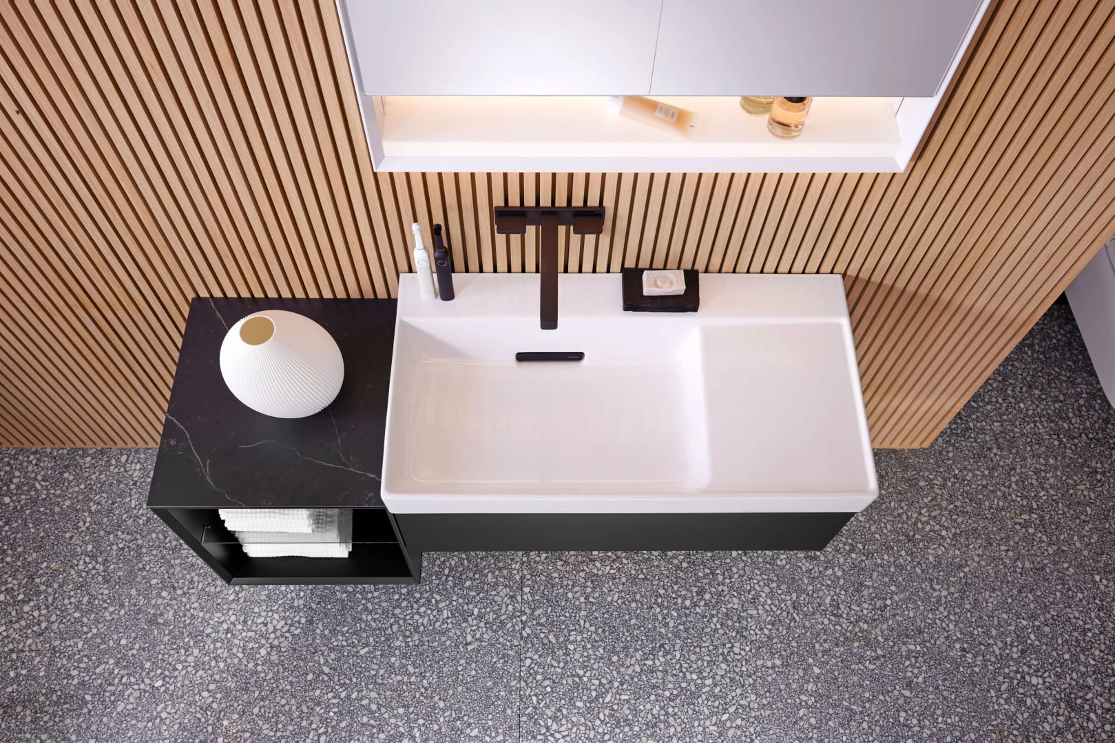 ONE Abdeckung für Seitenschrank und Seitenelement, Steinzeug: 45x0.4x46.5cm, schwarz Marmoroptik / matt ONE Abdeckung für Seitenschrank und Seitenelement, Steinzeug: 45x0.4x46.5cm, schwarz Marmoroptik / matt