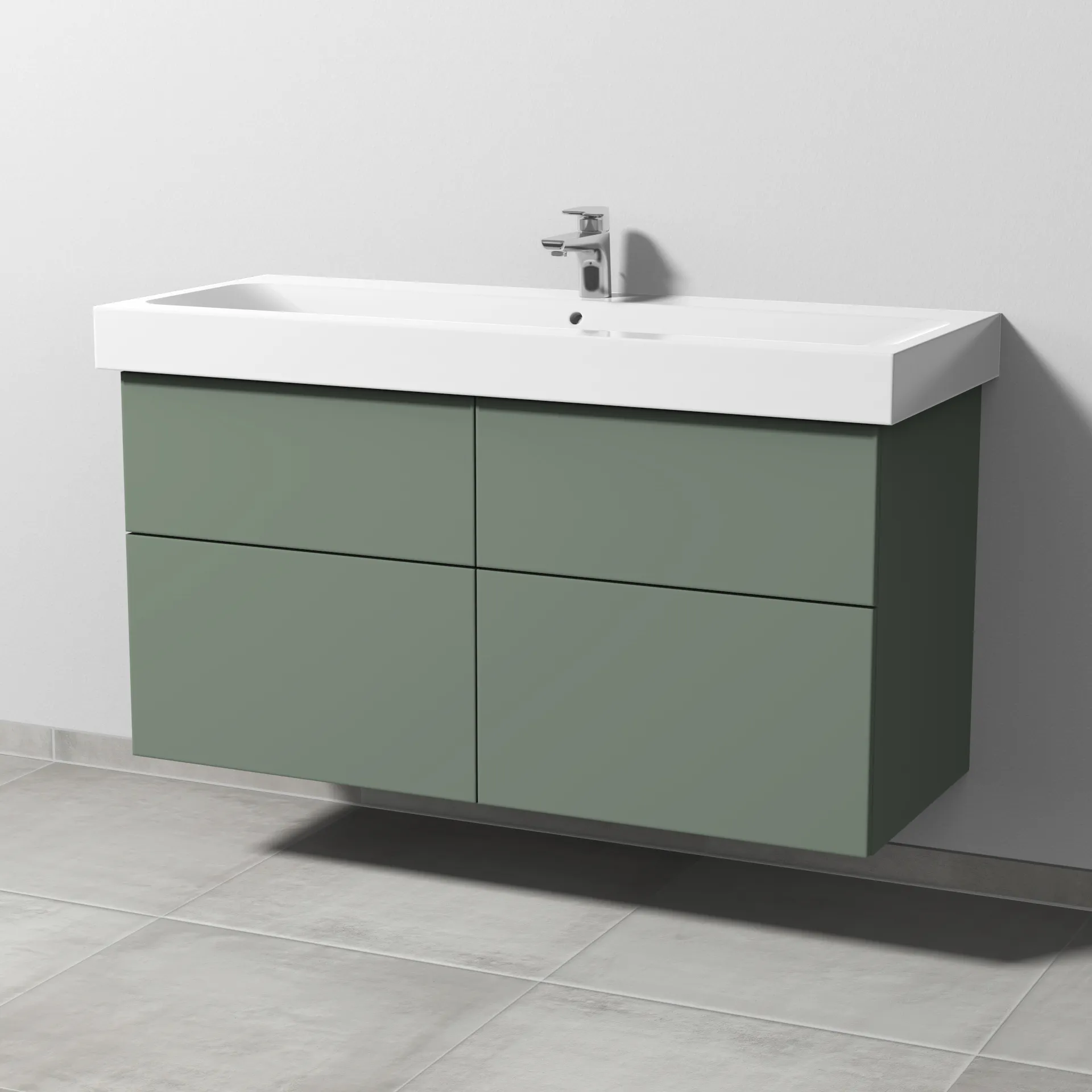 Sanipa Waschtischunterschrank „3way“ passend zu Keramik-Waschtische iCon von Geberit 1150 × 593 × 462 mm in Soft-Green, Becken mittig