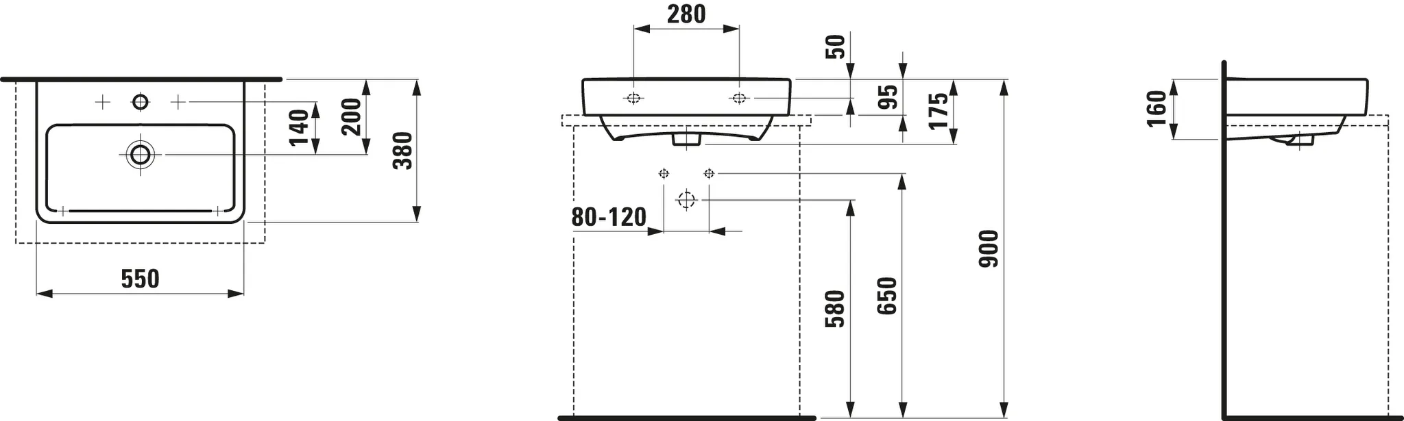 Aufsatzwaschtisch kompakt PRO S 380x550x175 1 Hahnloch mit Überlauf weiß