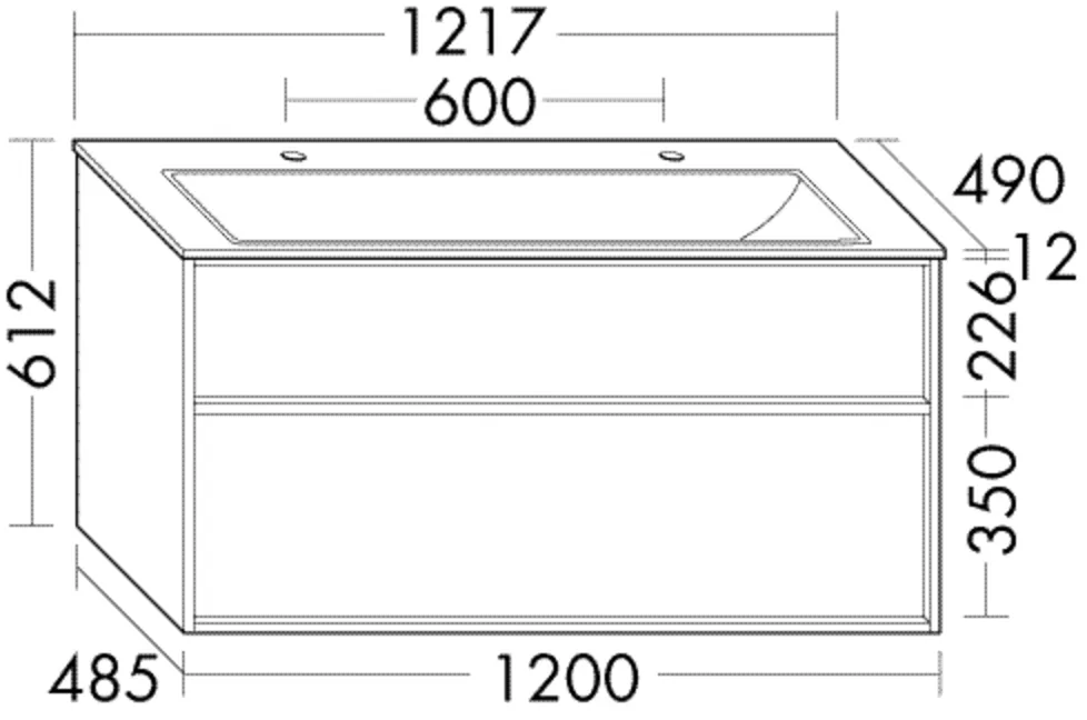Keramik-Waschtisch Sys K2 inkl. Waschtischunterschrank Uomo, 490x1217x382 mm, 2 Armaturbohrungen, 1 Schublade, 1 Auszug