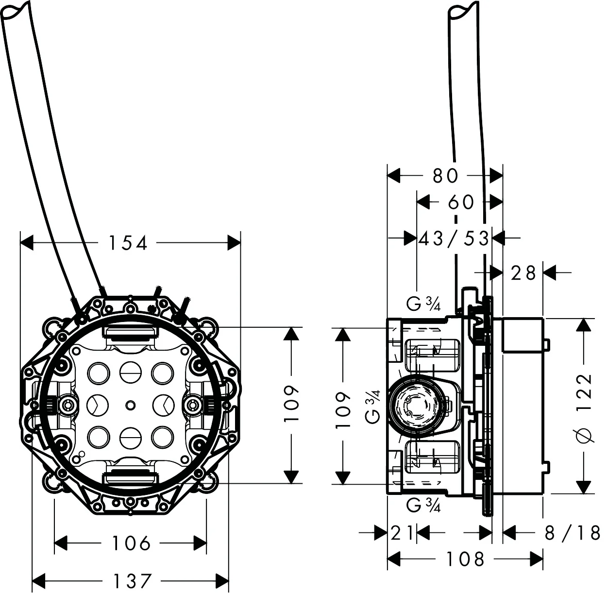 Hansgrohe AXOR Uno Elektronik-Waschtischmischer Grundkörper Standmodell, DN20, Einbautiefe 80–108 mm