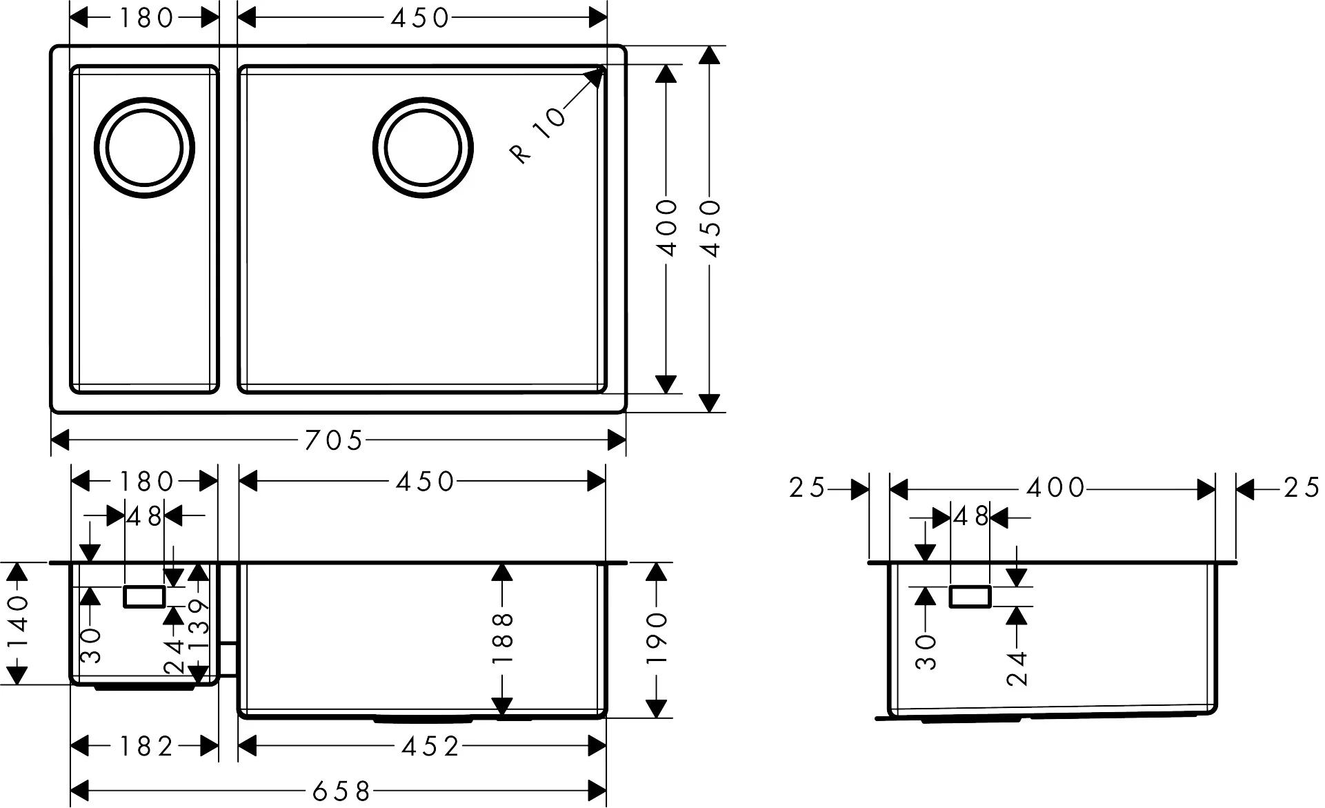 Hansgrohe S71 Unterbauspüle Edelstahl, 180x450 mm, 1 Hauptbecken + 1 Zusatzbecken, flach aufliegend oder flächenbündig Hansgrohe S71 Unterbauspüle Edelstahl, 180x450 mm, 1 Hauptbecken + 1 Zusatzbecken, flach aufliegend oder flächenbündig
