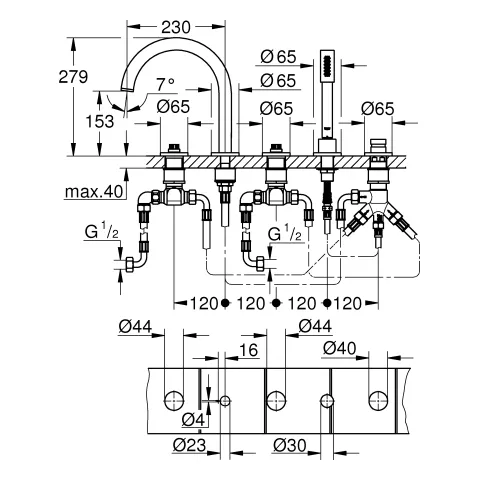 5-Loch-Wannen-Kombination Atrio Private Collection 25224, für Hebelgriffe, chrom 5-Loch-Wannen-Kombination Atrio Private Collection 25224, für Hebelgriffe, chrom