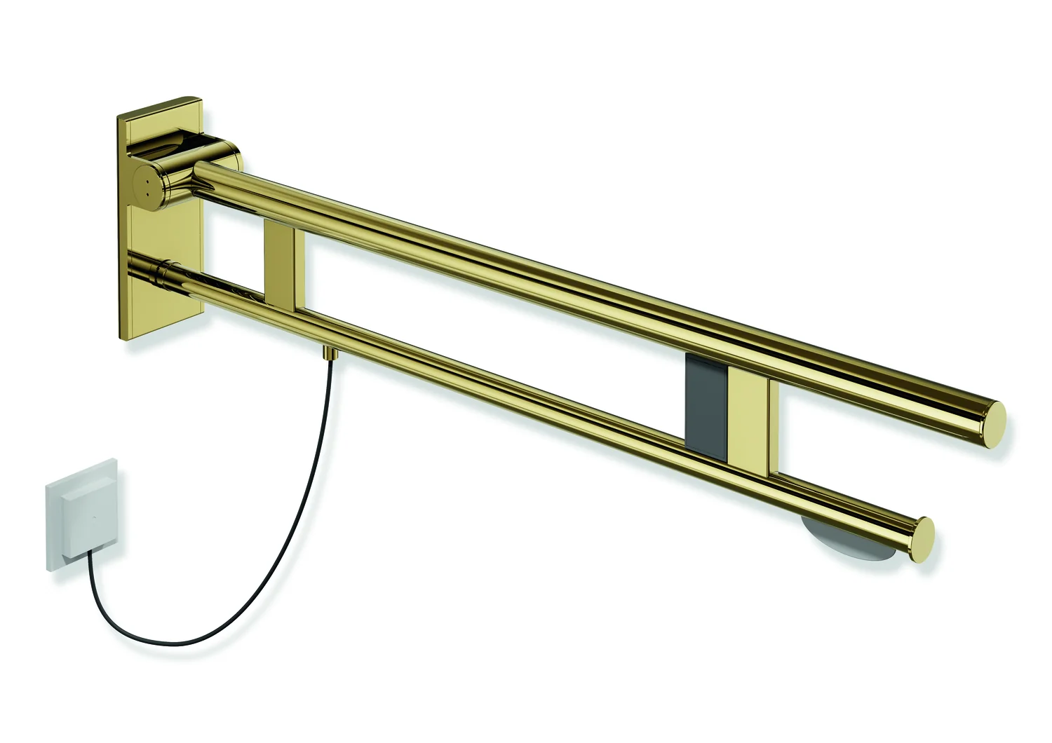 HEWI Stützklappgriff Duo System 900, Design A, Edelstahl PVD gold glänzend, Ausladung 900 mm, mit WC-Papierhalter und Spülauslösung rechts HEWI Stützklappgriff Duo System 900, Design A, Edelstahl PVD gold glänzend, Ausladung 900 mm, mit WC-Papierhalter und Spülauslösung rechts
