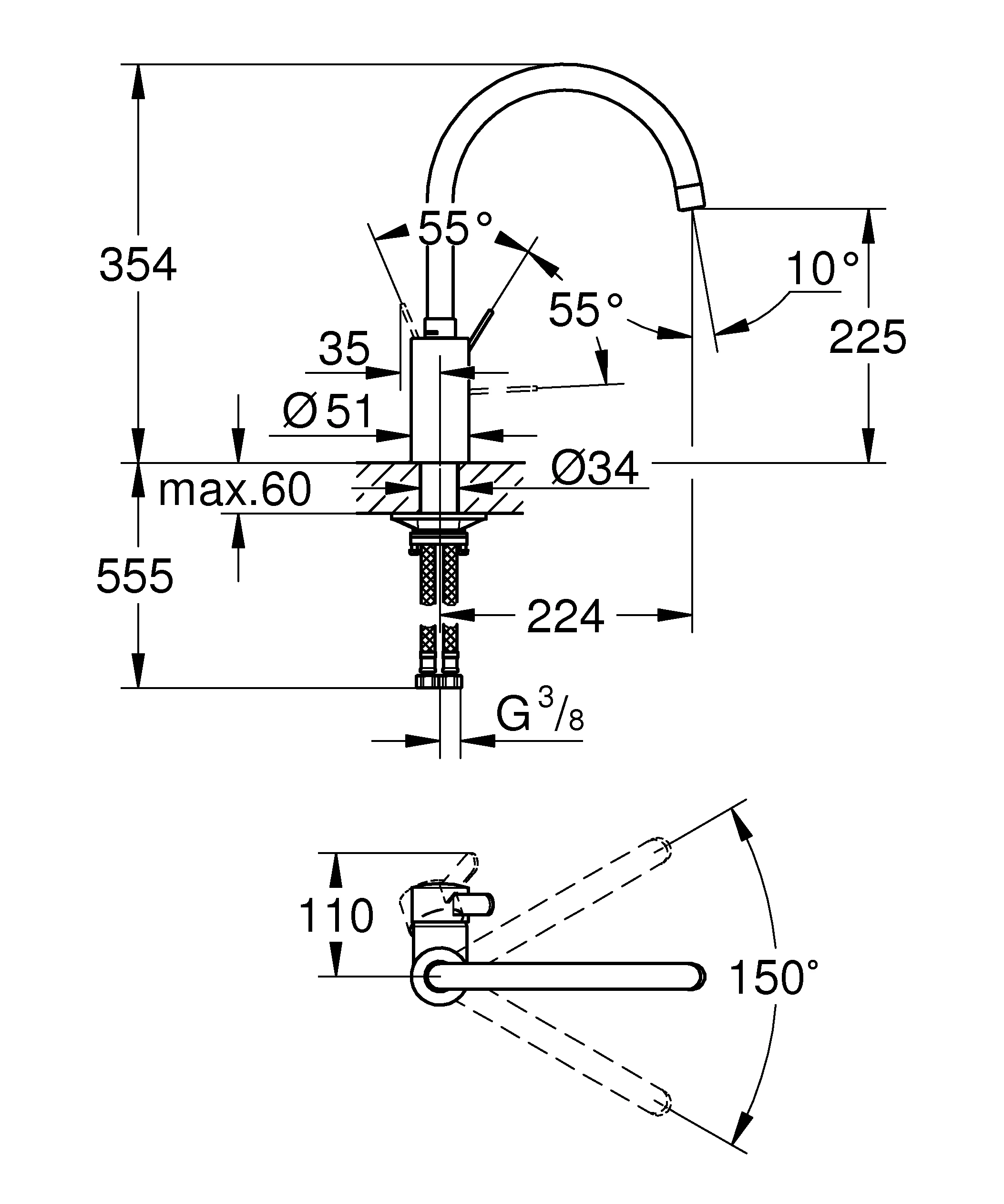 Einhand-Waschtischbatterie Eurosmart Cosmopolitan 32843_E, hoher Auslauf, Einlochmontage, getrennte innenliegende Wasserwege – kein Kontakt mit Blei oder Nickel, chrom