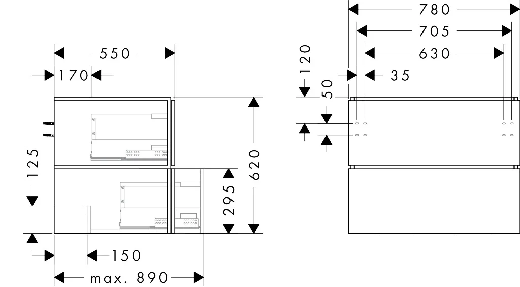 Hansgrohe Xilesa E Waschtischunterschrank, Eiche Kaschmir, 780x550 mm, 2 Schubkästen PushOpen, Wandmontage