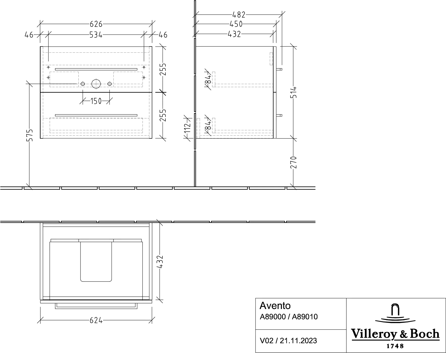 Villeroy & Boch Waschtischunterschrank „Avento“ für Schrankwaschtisch 63 × 51,4 × 45,2 × 45,2 cm Graphite, Soft Closing