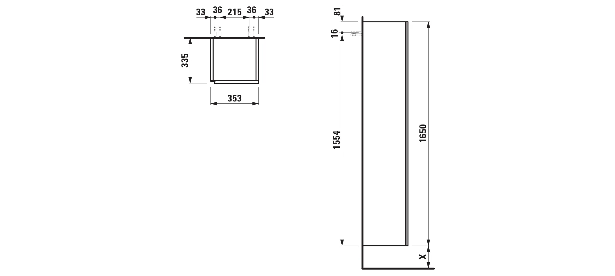 Laufen Hochschrank LANI, weiß glänzend, 1 Tür rechts, 4 Glasablagen, Soft-Close, wandhängend, Maße: 335 x 353 x 1650 mm Laufen Hochschrank LANI, weiß glänzend, 1 Tür rechts, 4 Glasablagen, Soft-Close, wandhängend, Maße: 335 x 353 x 1650 mm
