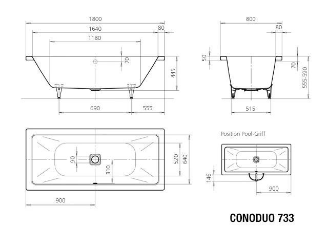Kaldewei CONODUO Badewanne, 1800x800 mm, manhattan, mit Griffloch