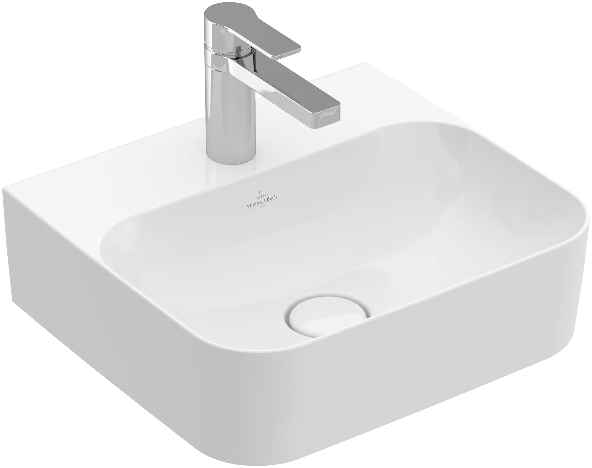 Villeroy & Boch Handwaschbecken aus TitanCeram „Finion“ 430 × 390 × 140 mm, mit Hahnlochbohrung, Hahnlochposition mittig in Weiß Alpin, mit CeramicPlus Villeroy & Boch Handwaschbecken aus TitanCeram „Finion“ 430 × 390 × 140 mm, mit Hahnlochbohrung, Hahnlochposition mittig in Weiß Alpin, mit CeramicPlus
