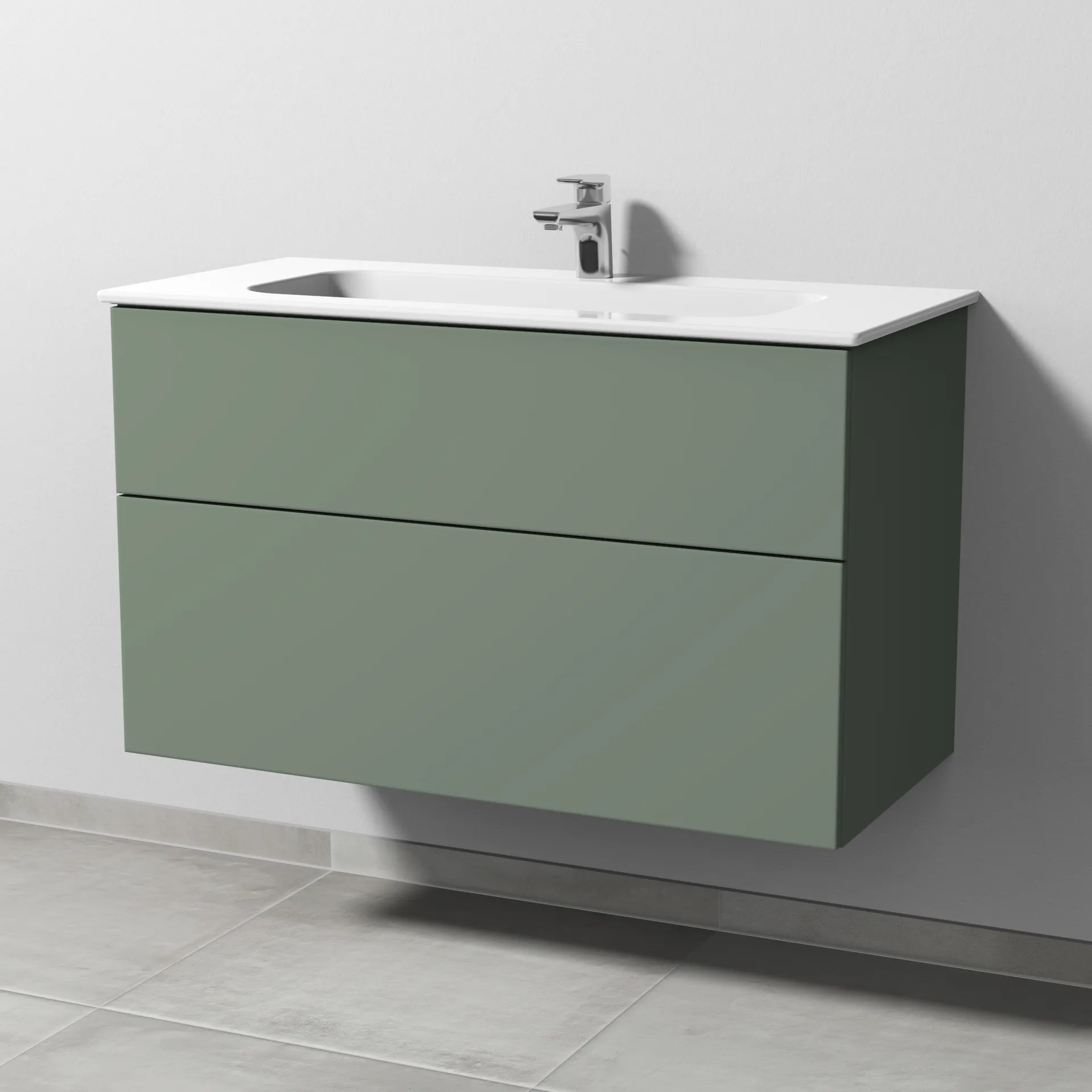 Keramik-Waschtisch-Set mit Waschtischunterschrank „3way“ 97 × 46 × 58,2 cm in Soft-Green, mit Hahnlochbohrung, Becken mittig