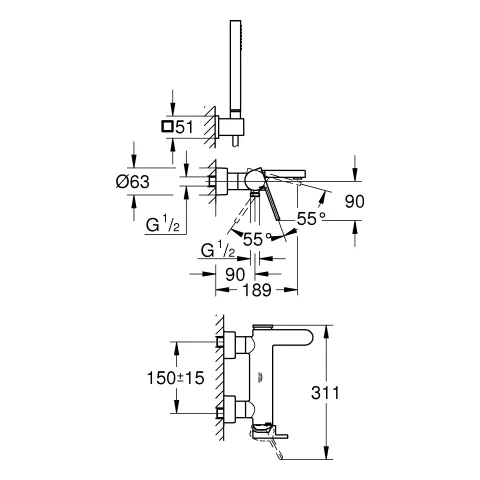Einhand-Wannenbatterie Plus 33547_3, Wandmontage, mit Euphoria Cube Brausegarnitur, chrom Einhand-Wannenbatterie Plus 33547_3, Wandmontage, mit Euphoria Cube Brausegarnitur, chrom