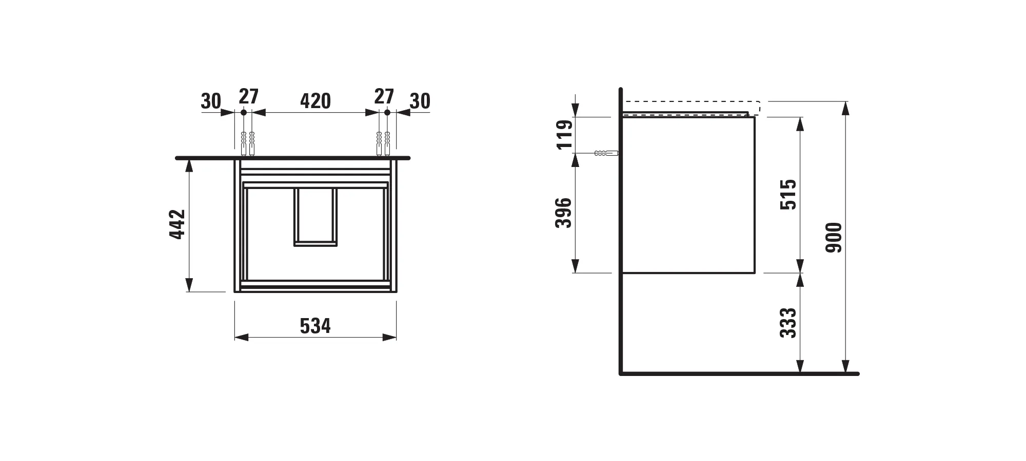 Laufen Waschtischunterbau LANI 442x534x515 mit 2 Schubladen, weiß glänzend Laufen Waschtischunterbau LANI 442x534x515 mit 2 Schubladen, weiß glänzend