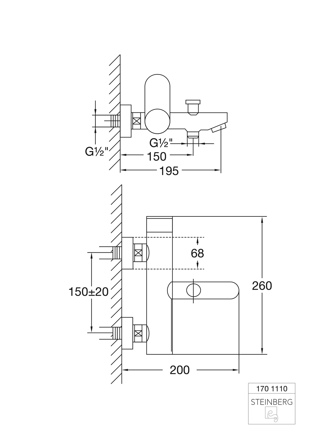 Serie 170 Wanne/Brause-Einhebelmischbatterie 1/2 mit absperrbaren S-Anschlüssen