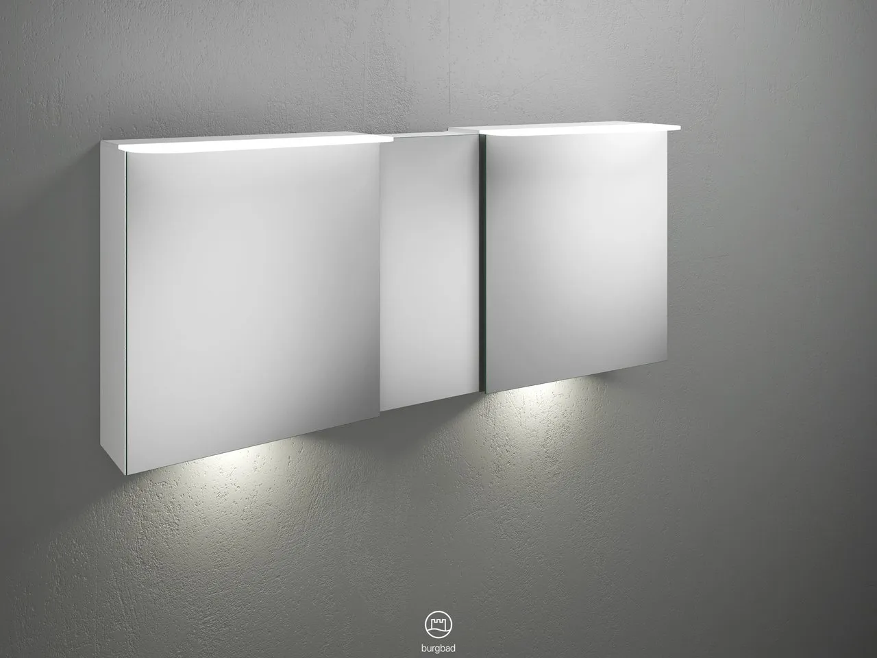 Badu Spiegelschrank SFUF150 von burgbad - 310 mm tief, 1.500 mm breit, 665 mm hoch mit 3 beidseitig verspiegelten Spiegeln und LED-Beleuchtung
