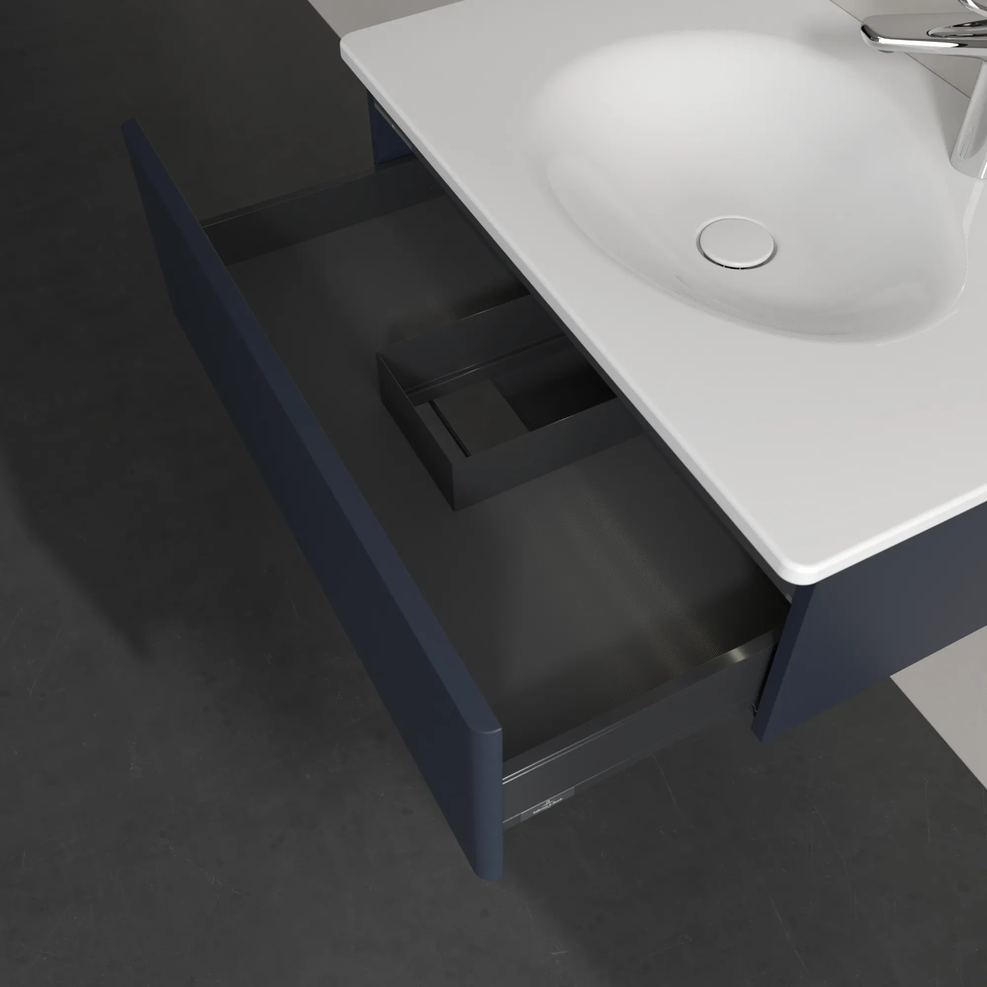 Villeroy & Boch Waschtischunterschrank für Schrankwaschtisch „Antao“ 788 × 256 × 496 mm Midnight Blue Matt Lacquer, für Becken mittig, mit Beleuchtung Villeroy & Boch Waschtischunterschrank für Schrankwaschtisch „Antao“ 788 × 256 × 496 mm Midnight Blue Matt Lacquer, für Becken mittig, mit Beleuchtung