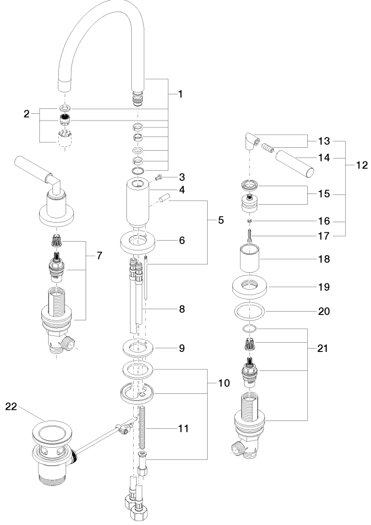 Dornbracht TARA Waschtisch-Dreilochbatterie mit Ablaufgarnitur, Schwarz matt, Ausladung 165 mm, Armaturenhöhe 285 mm, Bohrungsdurchmesser Seitenventil 32 mm, Bohrungsdurchmesser Auslauf 35 mm, Rosette Durchmesser 55 mm