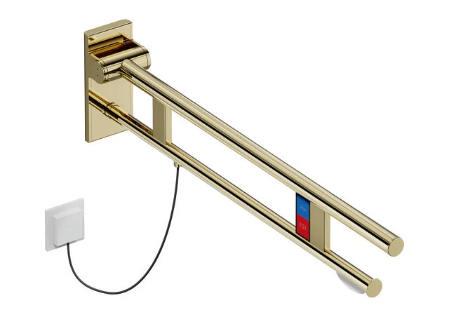 Stützklappgriff Duo, Design A des Systems 900, Edelstahl, PVD, Ausladung 850 mm, mit WC-Papierhalter und Spül-/Funktionstasten (E-Ausführung), Ausführung links, in Farbe CK (messing glänzend)