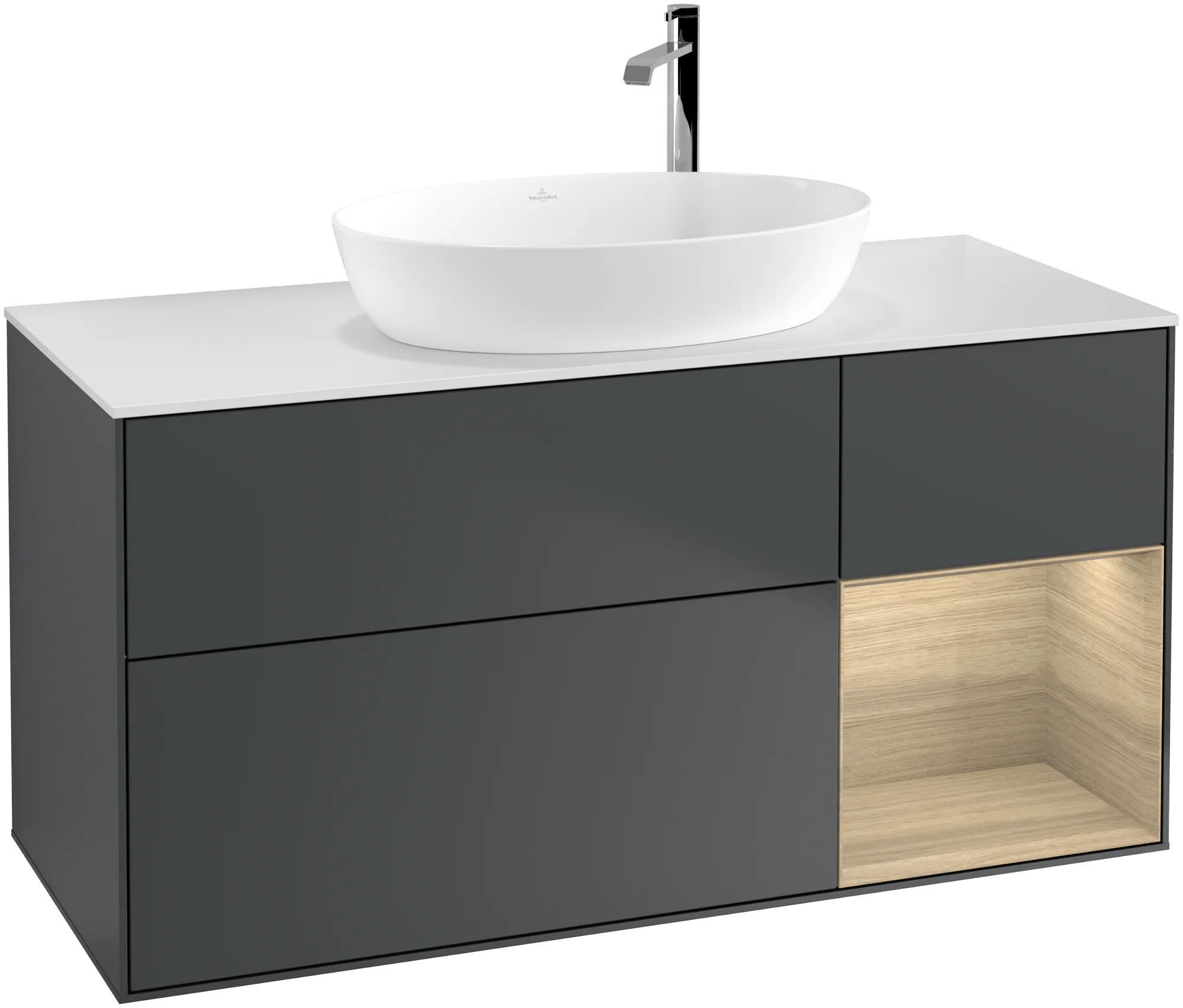 Villeroy & Boch Finion Waschbeckenunterschrank F95, 1200 x 603 x 501 mm, Midnight Blue Matt Lacquer / Oak Veneer / Glass White Matt