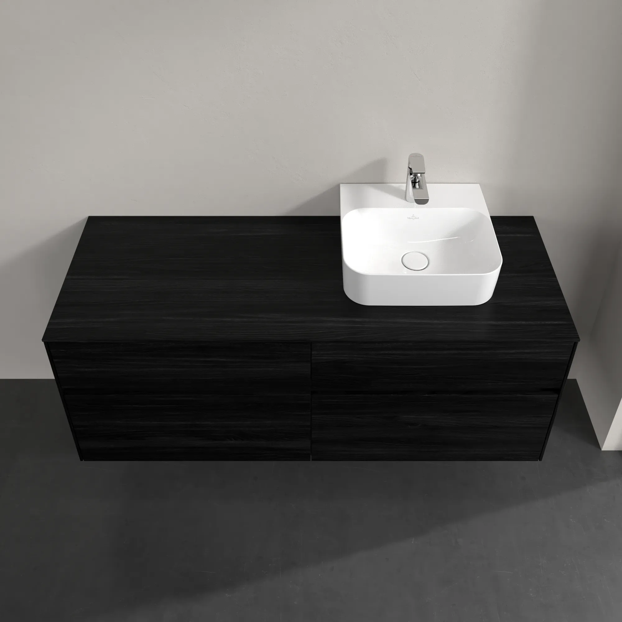 Villeroy & Boch Waschtischunterschrank „Collaro“ 1400 × 548 × 500 mm Black Oak, mit Beleuchtung, für Becken rechts Villeroy & Boch Waschtischunterschrank „Collaro“ 1400 × 548 × 500 mm Black Oak, mit Beleuchtung, für Becken rechts