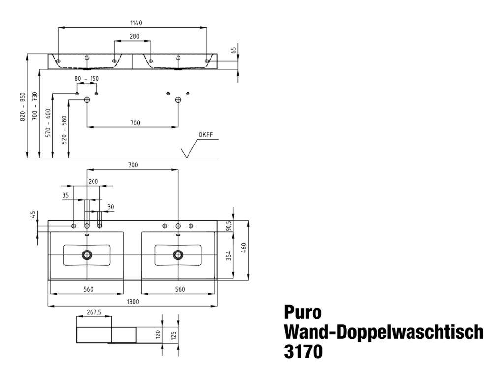 Doppelwaschtisch „Puro“ 130 × 46 cm in alpinweiß, mit Perl-Effekt