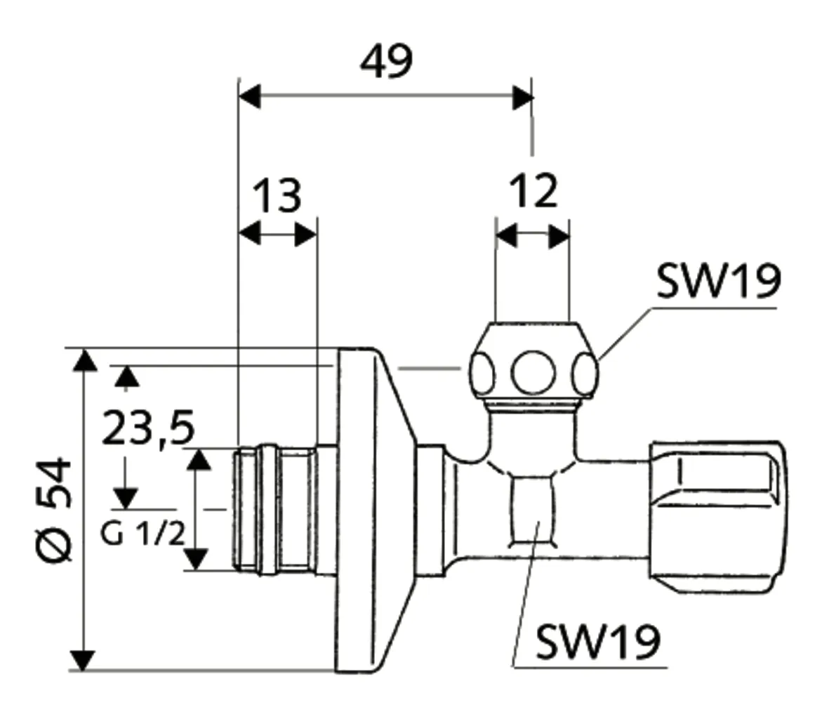 Eckventil mit Regulierfunktion COMFORT, COMFORT-Griff, Schubrosette Ø 54 mm, DN 15 G 1/2 AG mit ASAG easy, Ø 12 mm (DN 15 G 1/2 AG), chrom