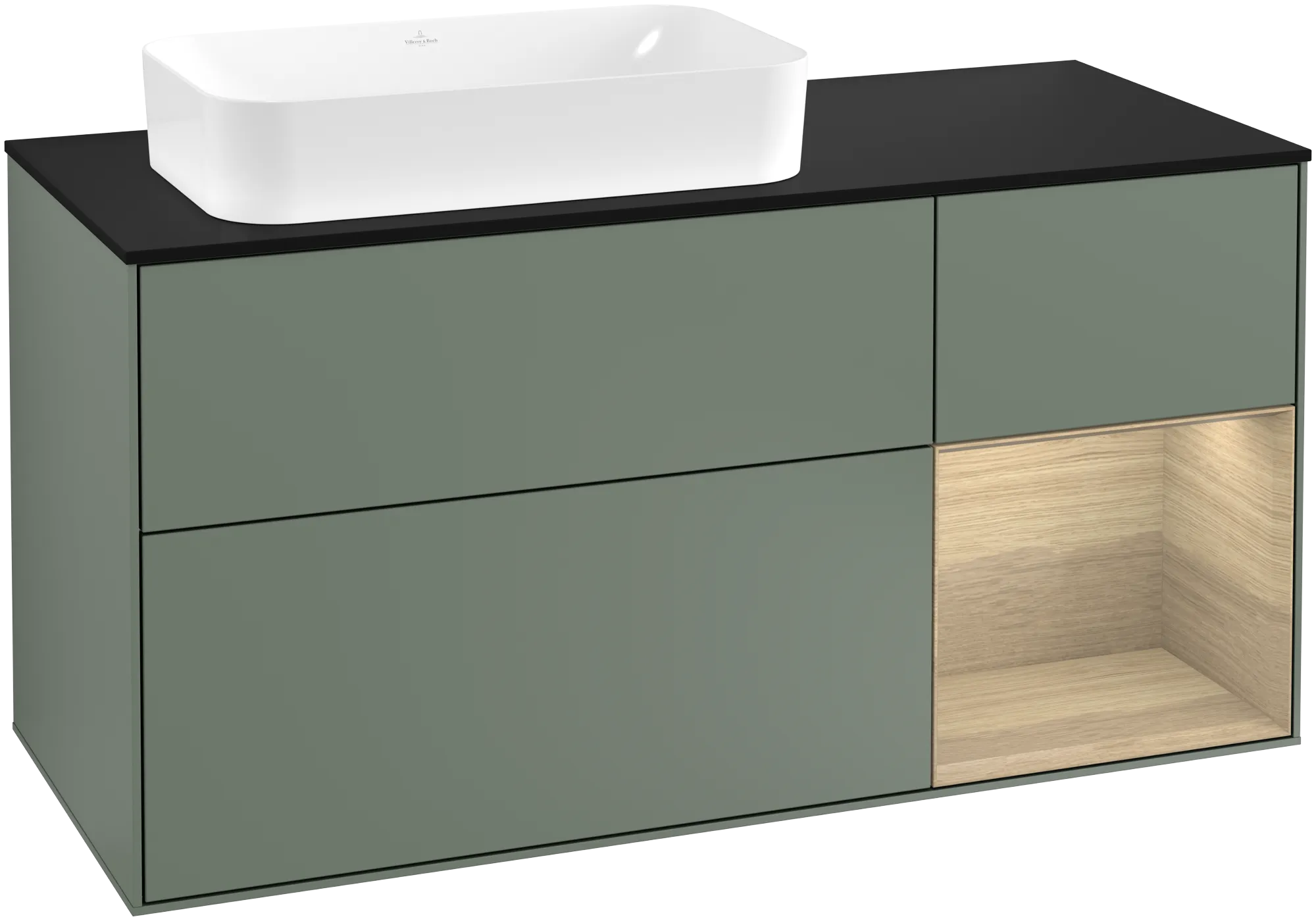 Villeroy & Boch Finion Waschbeckenunterschrank F28 1200x603x501mm Olive Matt Lacquer / Oak Veneer / Glass Black Matt