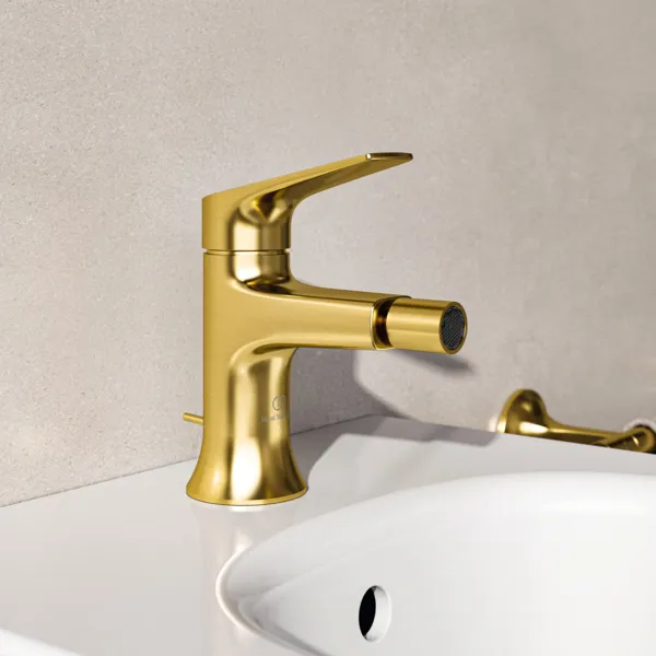 Ideal Standard Bidetarmatur La Dolce Vita Brushed Gold, Ausladung 105 mm, Auslaufhöhe 77 mm, Luftsprudler, Metall-Zugstangen-Ablaufgarnitur G1 1/4, Flexible Anschlussschläuche G3/8, Griff aus Metall, Schnellmontagesystem Easy-Fix, Kartusche Ø 28 mm, Firm