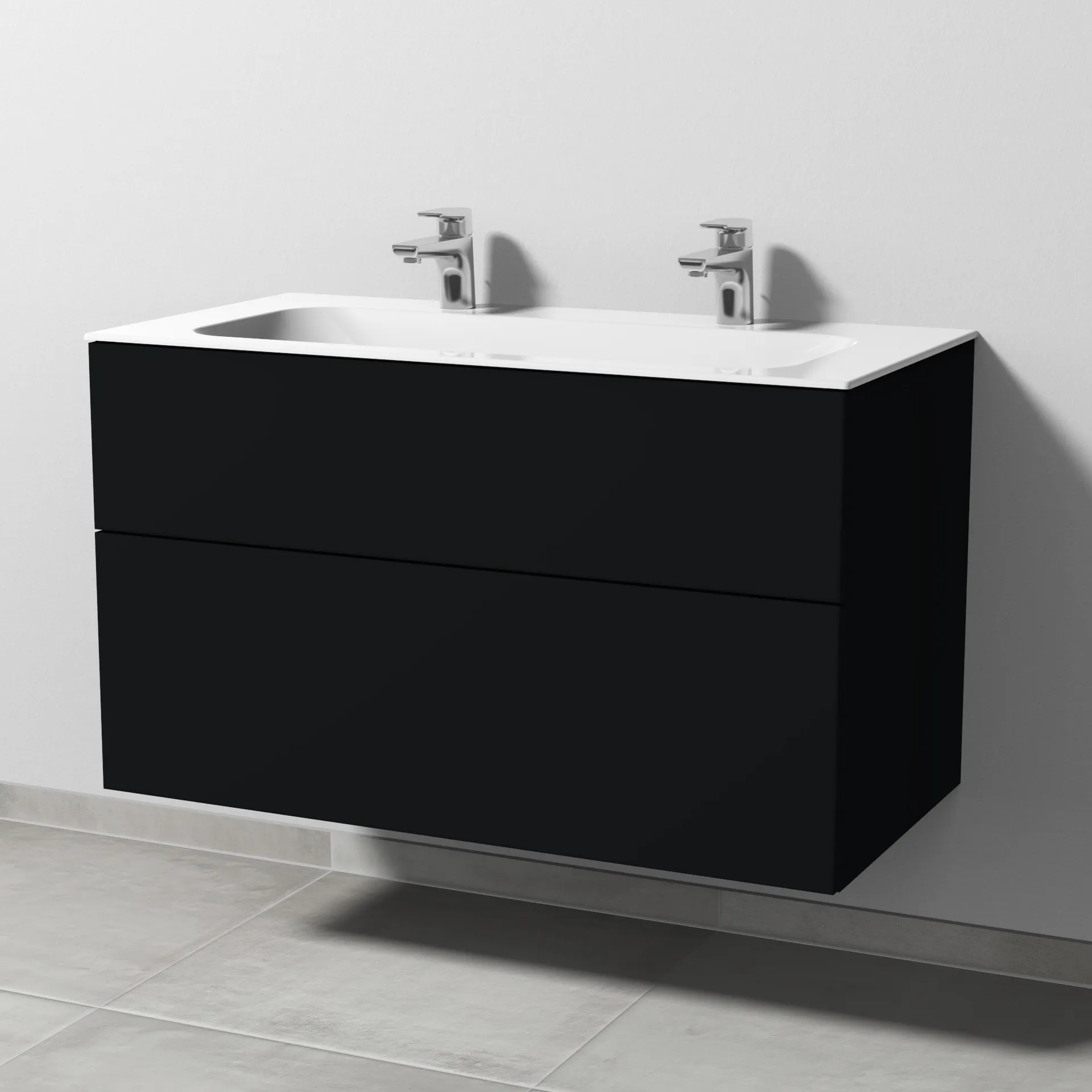Keramik-Waschtisch-Set mit Waschtischunterschrank „3way“ 99 × 49,7 × 58,2 cm in Schwarz (matt), mit Hahnlochbohrung, Becken mittig