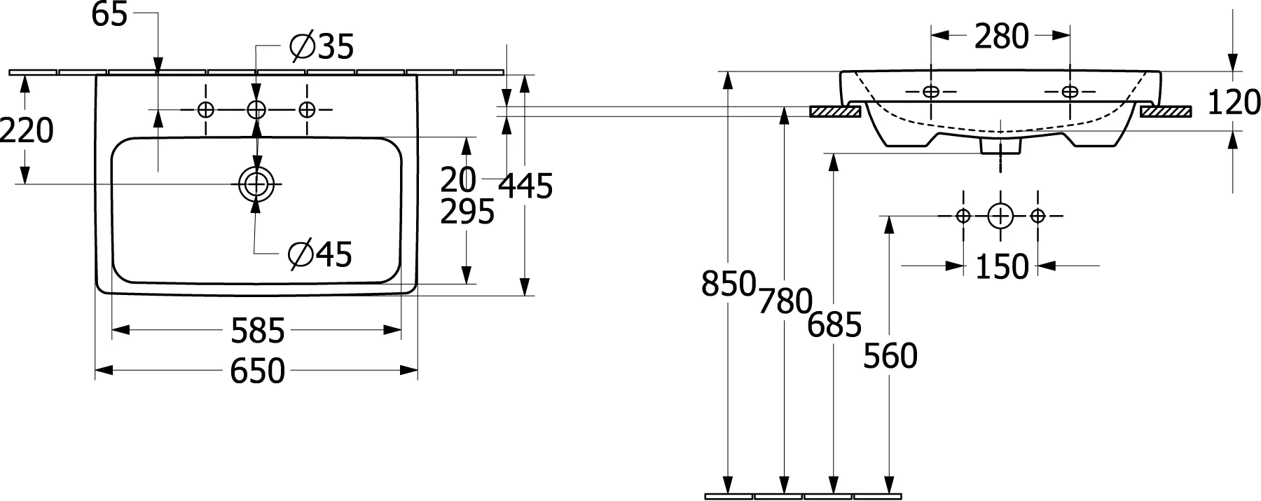 Villeroy & Boch Architectura Waschbecken 4A87KJ, 650 x 445 mm, Rechteck, mittig, Überlauf, Unterseite geschliffen, Weiß Alpin AntiBac CeramicPlus