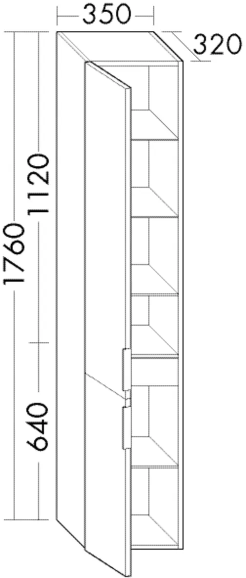 Hochschrank, 2 Türen;1 Innenschublade;4 Glaseinlegeböden;1 fester Boden, Tiefe: 320 mm, Breite: 350 mm, Höhe: 1760 mm