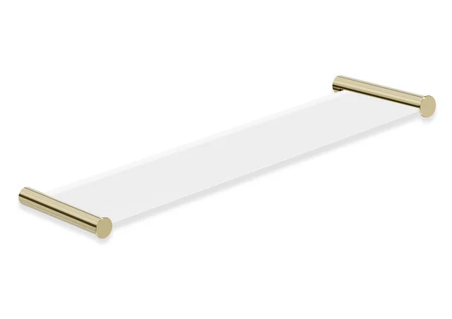 Ablage des Systems 162, Edelstahl, PVD, bestehend aus seitlichen Halteelementen und Ablagefläche aus Glas, 450 mm breit, 122 mm tief, in Farbe CK (Messing glänzend)