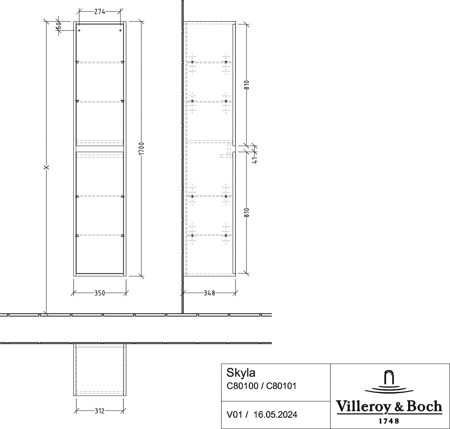 Villeroy & Boch Hochschrank „Skyla“ 350 × 1700 × 349 mm Kansas Oak, Anschlag rechts Villeroy & Boch Hochschrank „Skyla“ 350 × 1700 × 349 mm Kansas Oak, Anschlag rechts