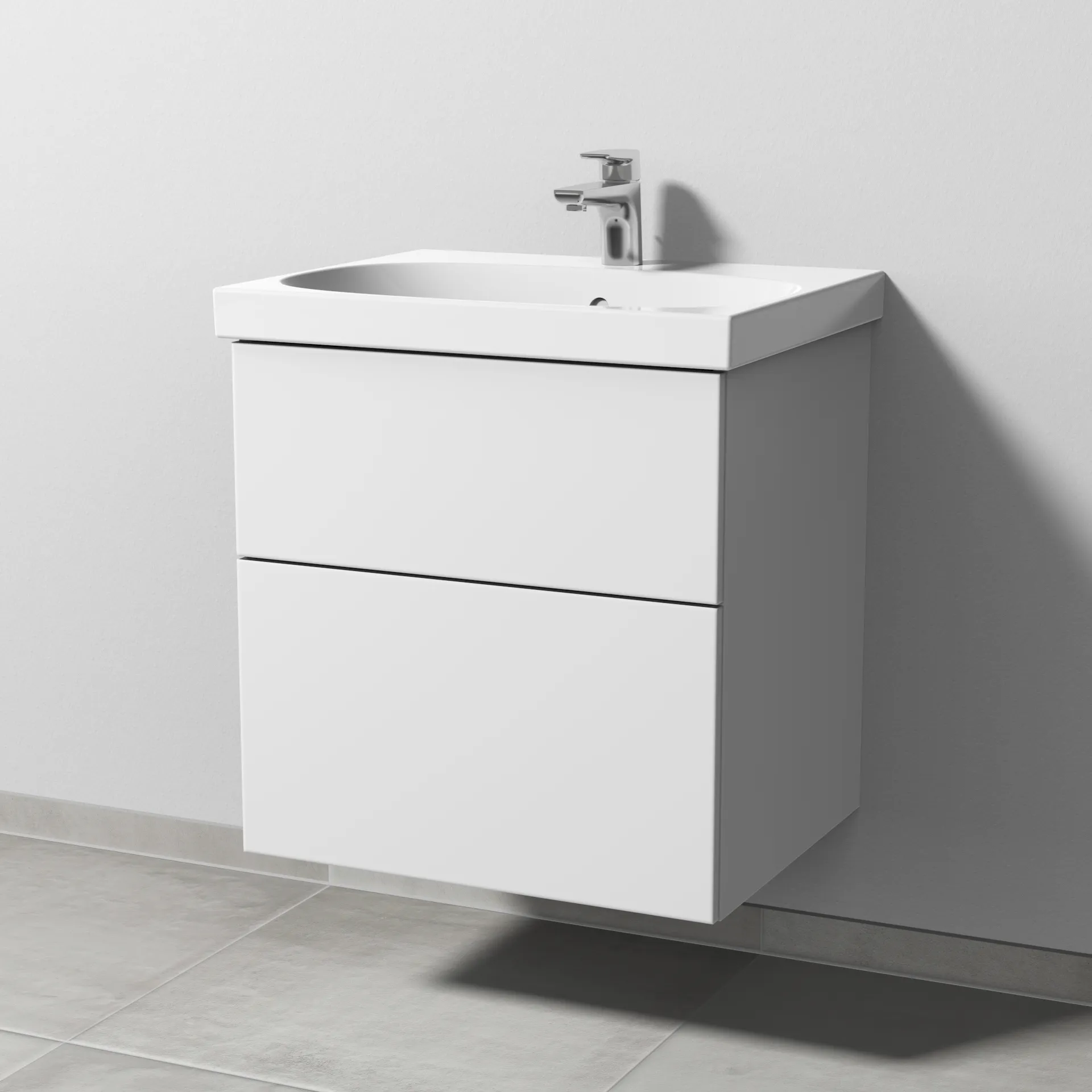 Sanipa Waschtischunterschrank „3way“ passend zu Keramik-Waschtische Acanto von Geberit 570 × 586 × 467 mm in Weiß-Soft, mit Hahnlochbohrung, Becken