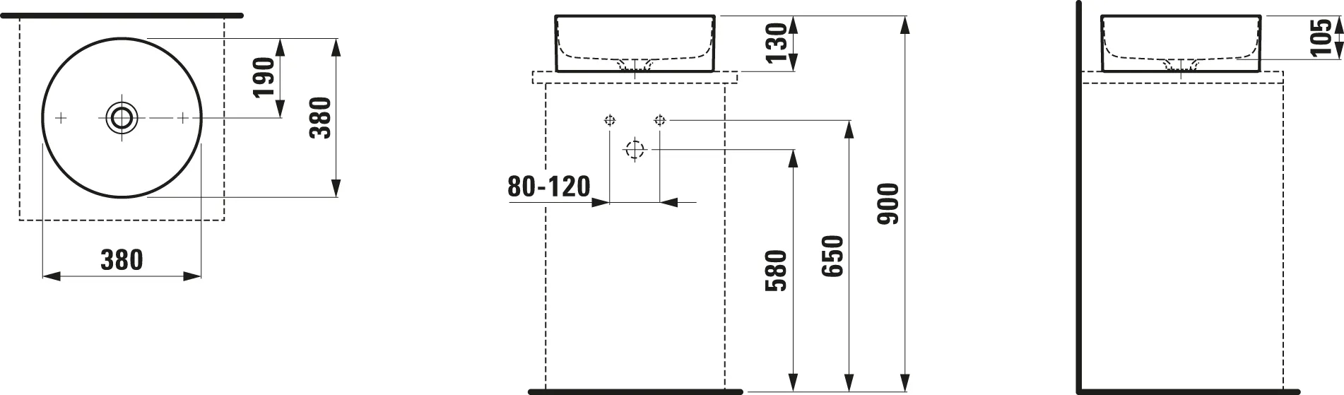 Waschtisch-Schale LIVING Saphirkeramik 380x380x130 rund ohne Hahnloch ohne Überlauf weiß