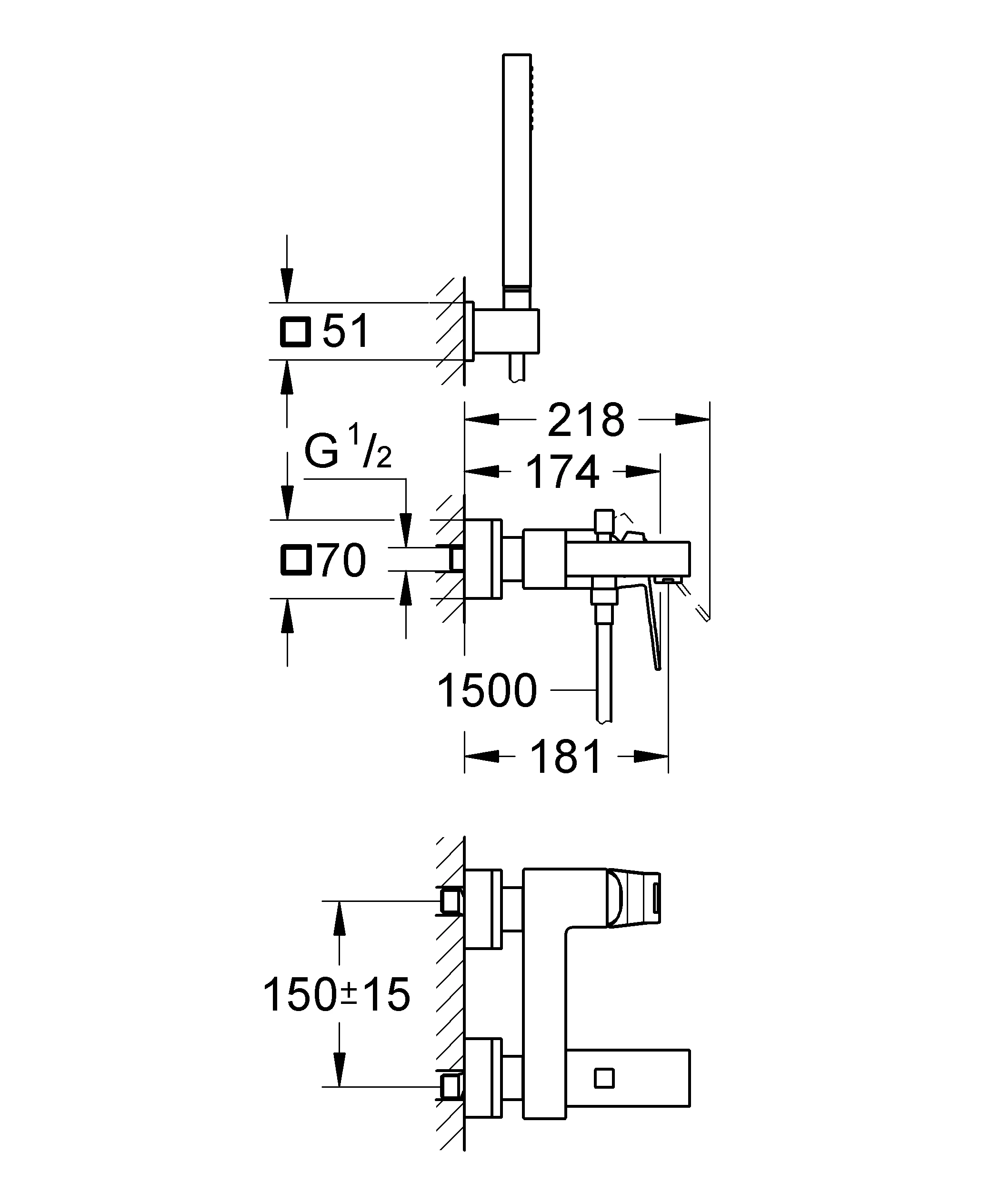 Einhand-Wannenbatterie Eurocube 23141, Wandmontage, mit Handbrauseset, eigensicher, chrom