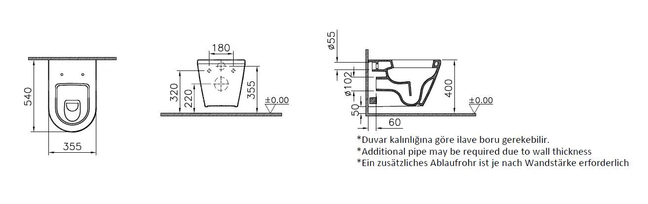 VitrA Integra Flachspüler-Wand-WC mit Spülrand 36 x 54 cm seitliche Befestigung Weiß Hochglanz