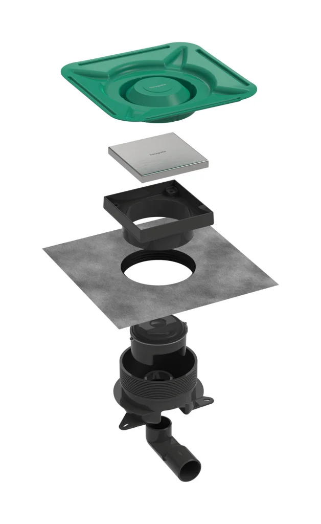 Hansgrohe RainDrain Spot Plus Komplettset Punktablauf 150x150 mm, höhenverstellbarer Rahmen, rückseitig befliessbar, Edelstahl gebürstet