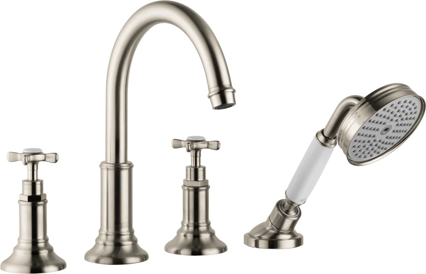 Hansgrohe AXOR Montreux 4-Loch Fliesenrandarmatur Brushed Nickel, Ausladung 196 mm, RainAir Handbrause, max. Durchfluss 21 l/min