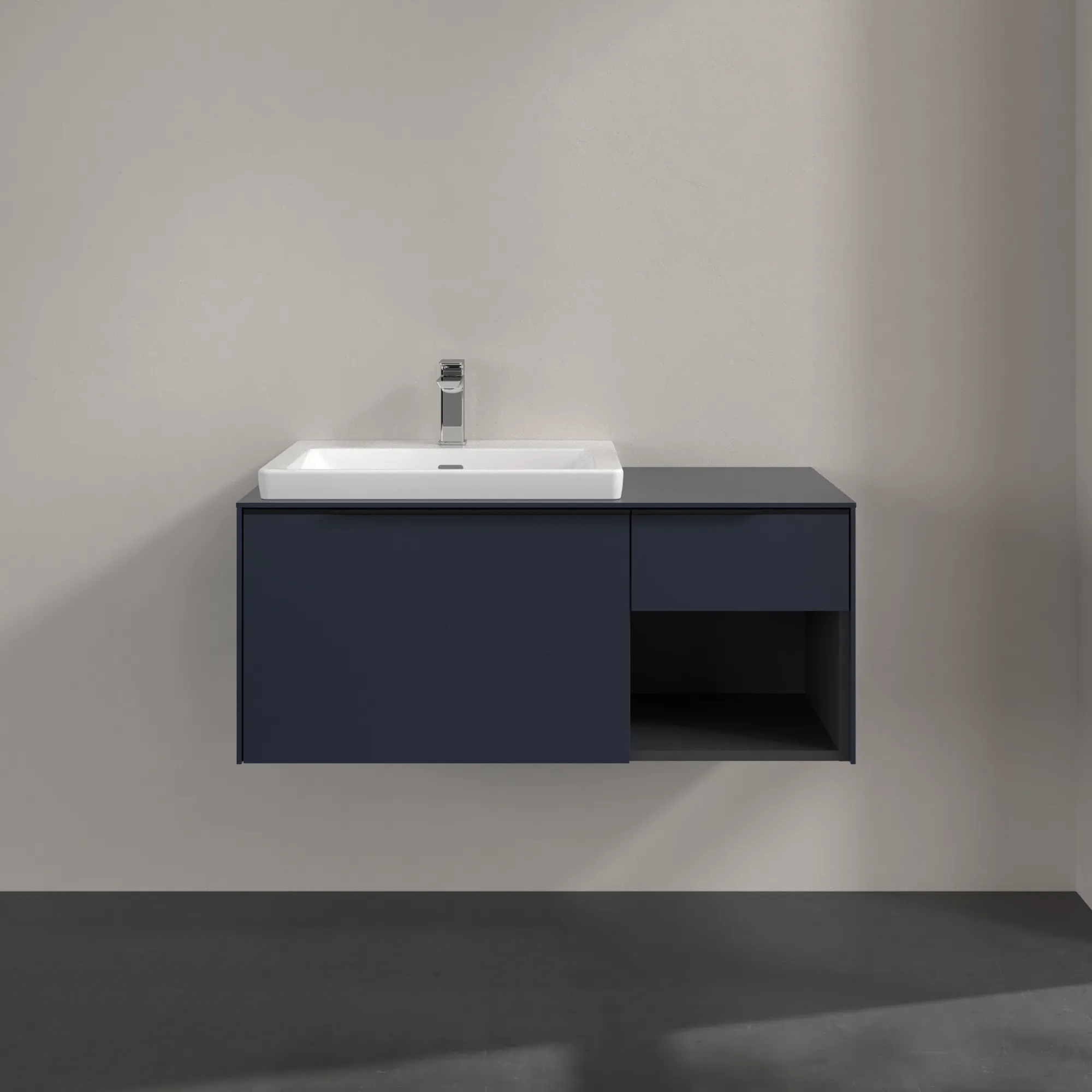 Villeroy & Boch Waschtischunterschrank mit Regalelement „Subway 3.0“ für Schrankwaschtisch 1001 × 423 × 516 mm Marine Blue, für Becken links Villeroy & Boch Waschtischunterschrank mit Regalelement „Subway 3.0“ für Schrankwaschtisch 1001 × 423 × 516 mm Marine Blue, für Becken links