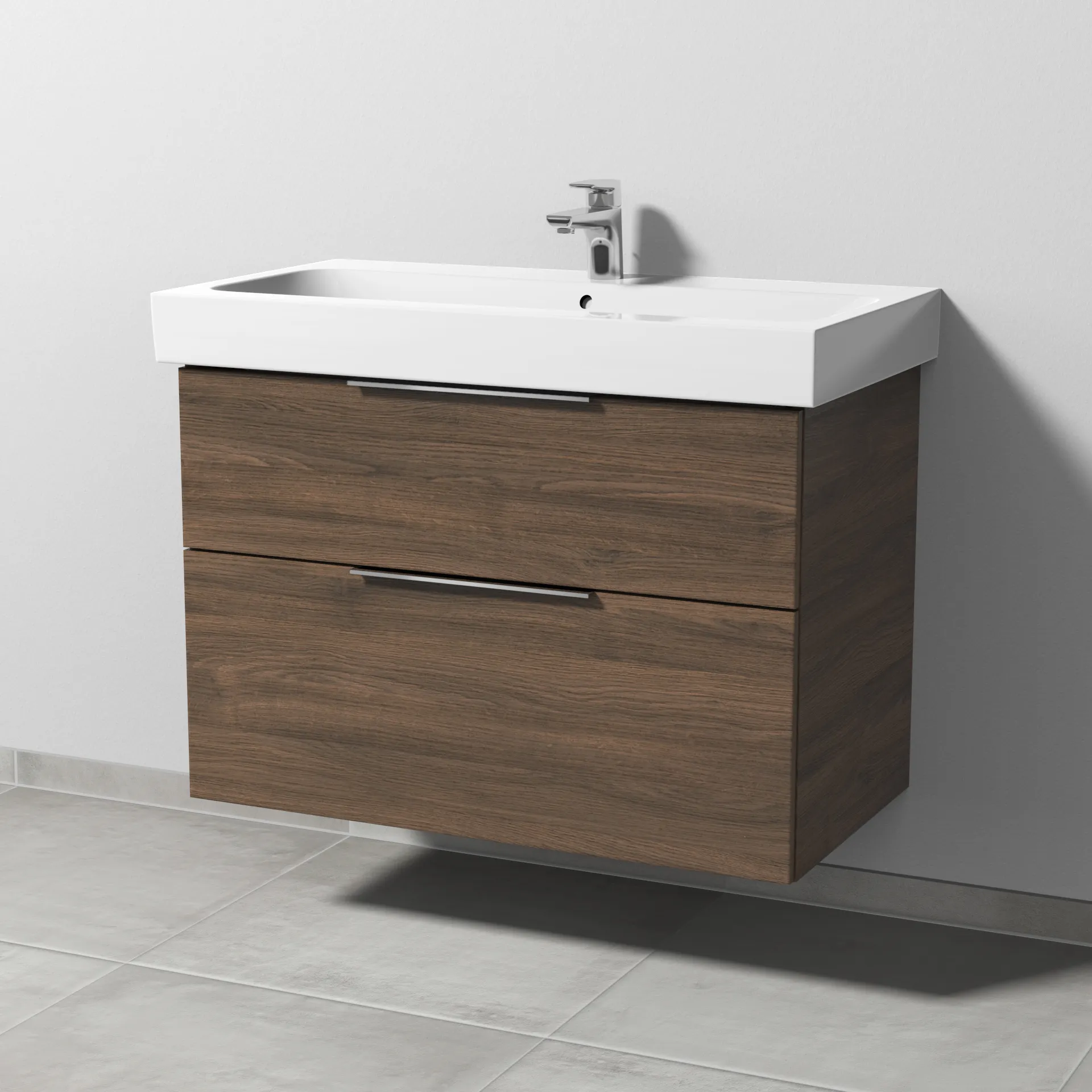 Sanipa Waschtischunterschrank „3way“ passend zu Keramik-Waschtische iCon von Geberit 850 × 593 × 462 mm in Eiche Arizona, Becken mittig