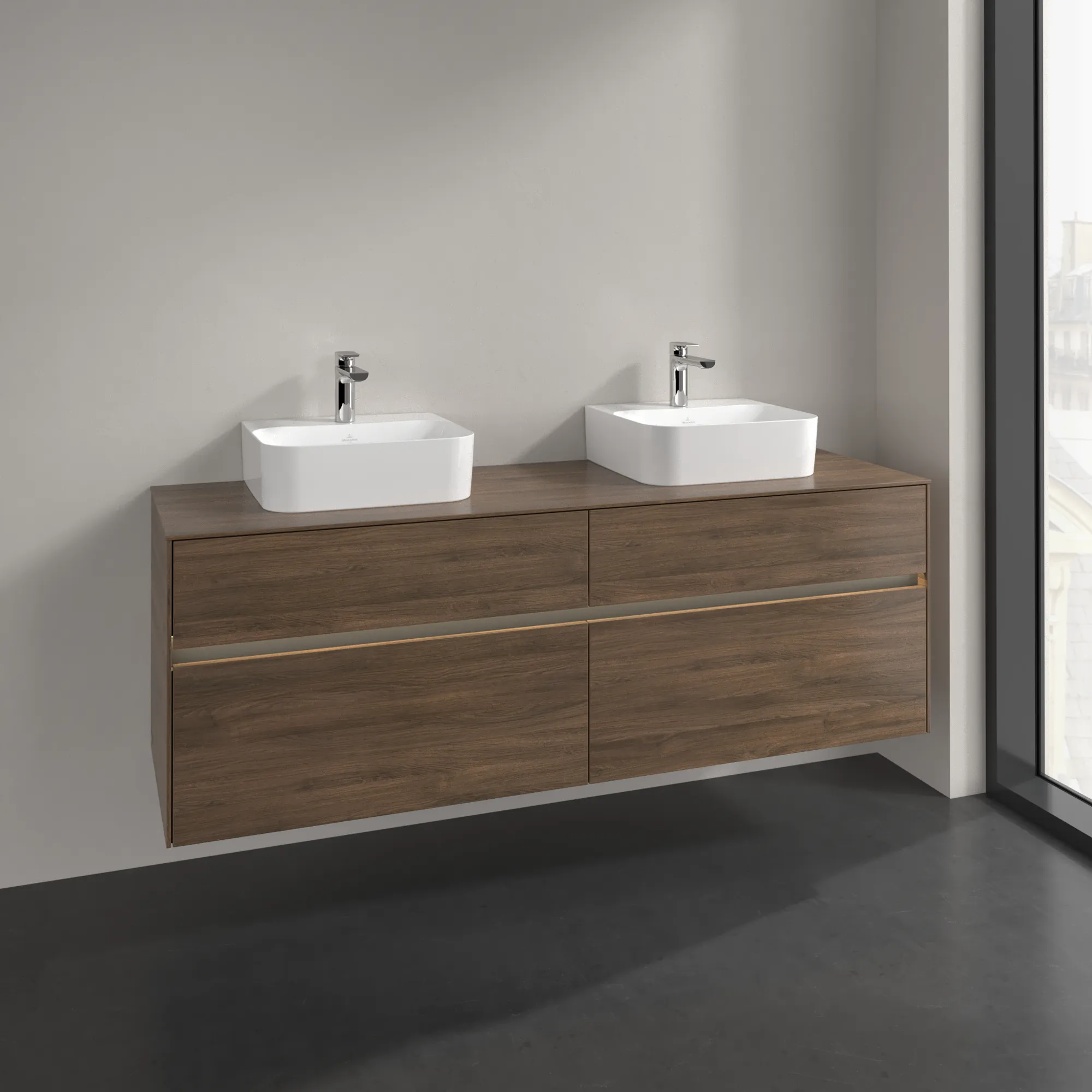 Villeroy & Boch Waschtischunterschrank „Collaro“ 1600 × 548 × 500 mm Arizona Oak, mit Beleuchtung, für links und rechts
