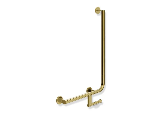 HEWI Winkelgriff System 900 mit WC-Papierrollenhalter, Edelstahl PVD gold glänzend, Ausführung links, waagerechte Länge 500 mm, senkrechte Länge 750 mm