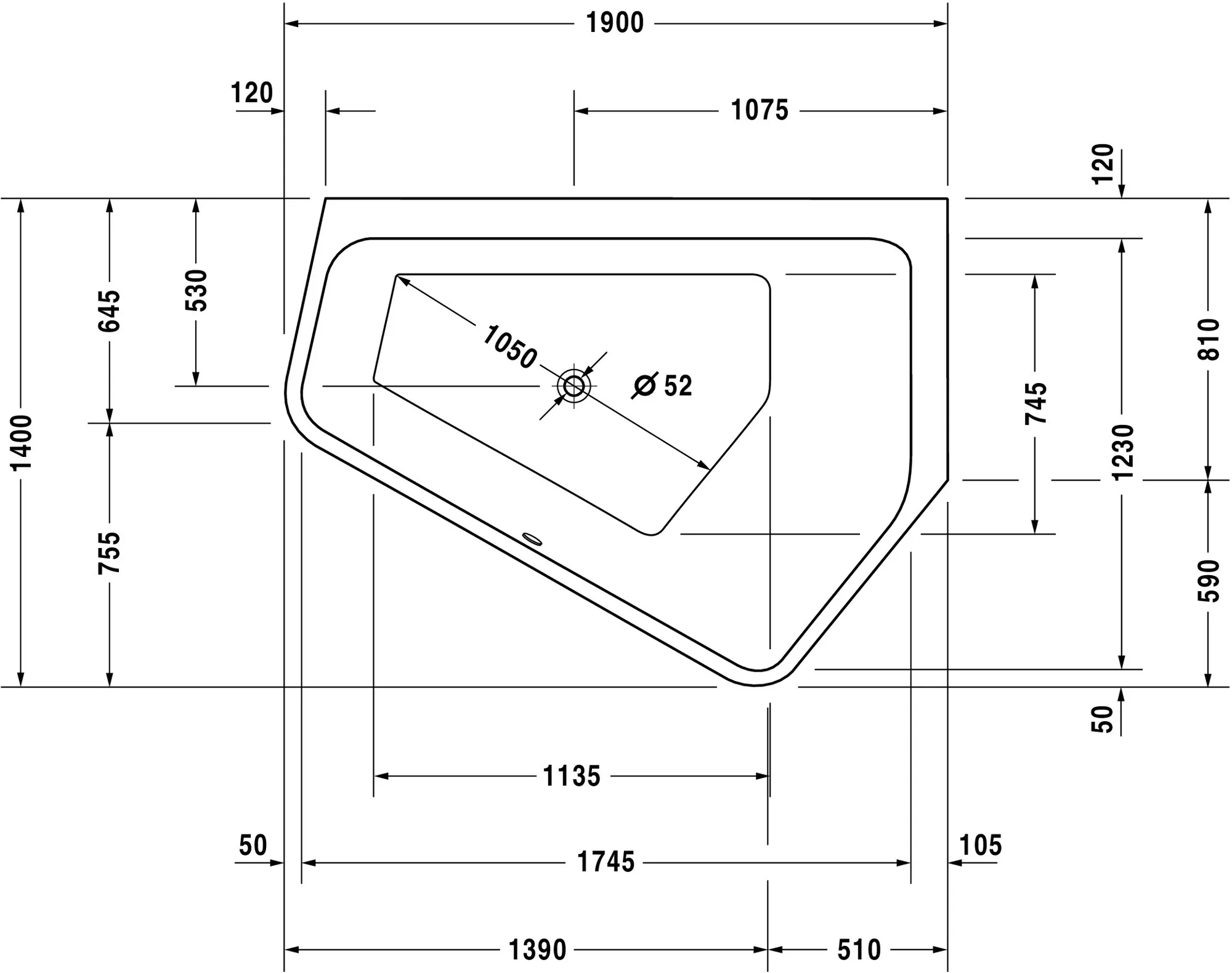 Duravit Badewanne „Paiova 5“ fünfeck 190 × 140 cm, rechts