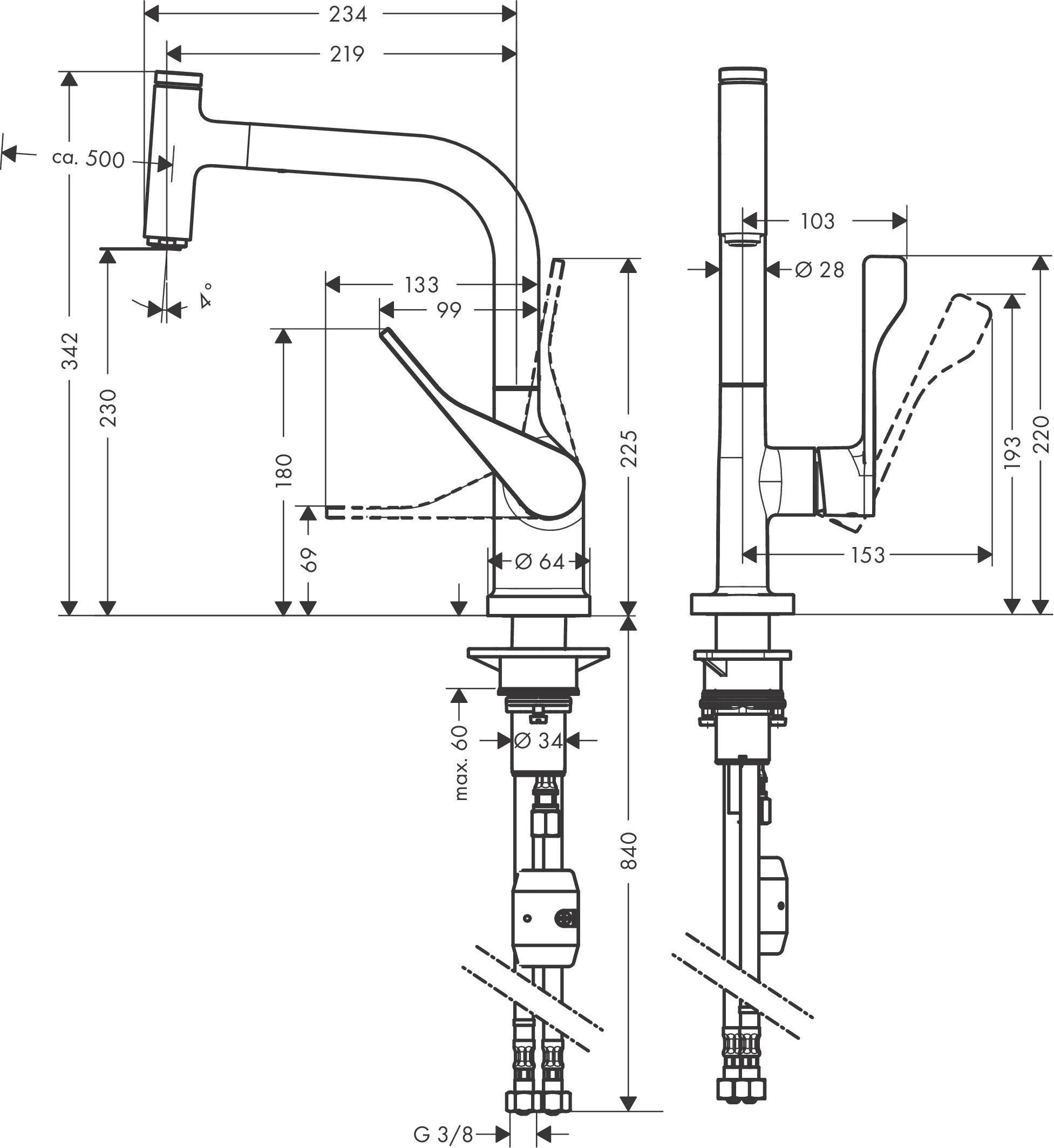 Spültischmischer Select Axor Citterio chrom mit Ausziehauslauf