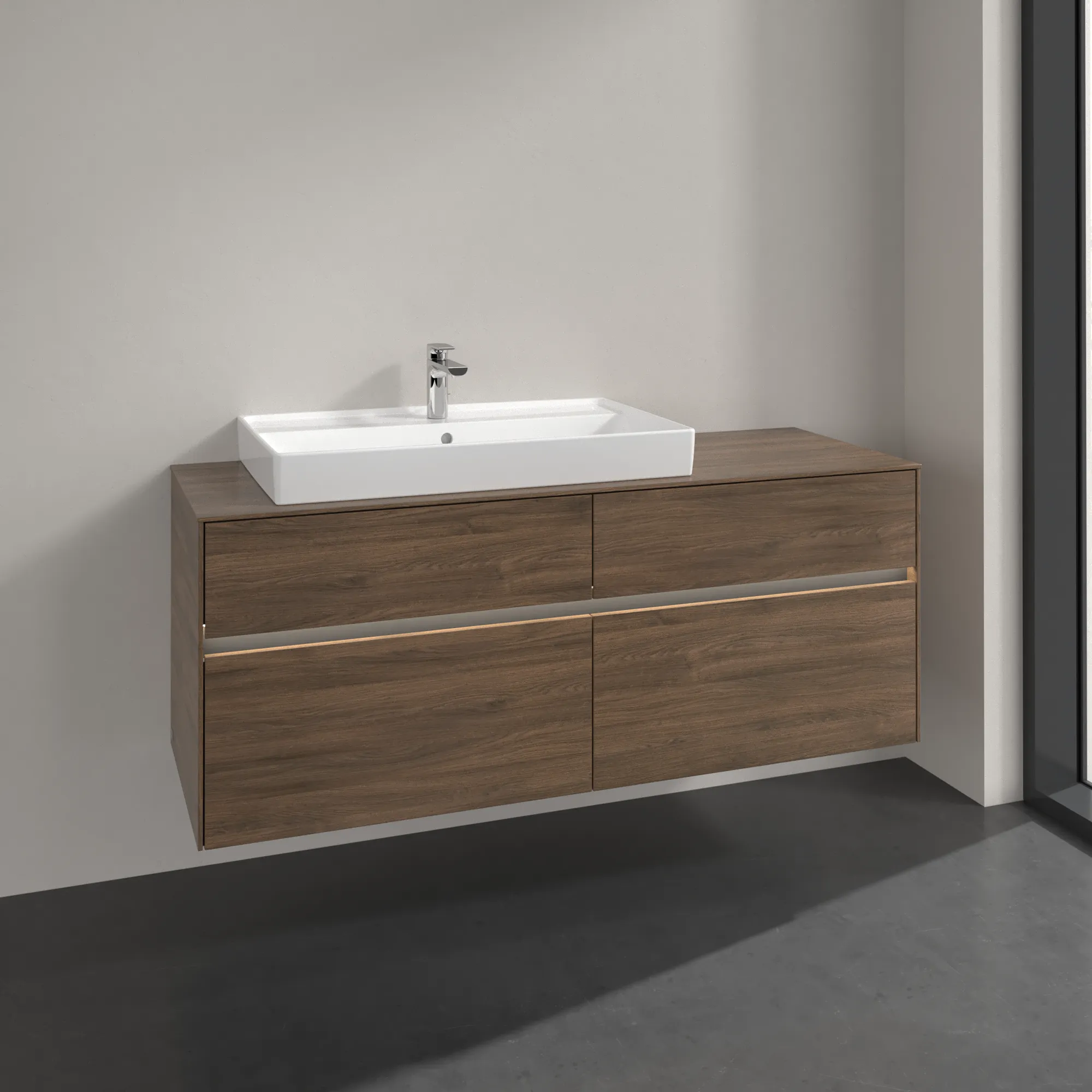 Villeroy & Boch Waschtischunterschrank „Collaro“ 1400 × 548 × 500 mm Arizona Oak, mit Beleuchtung, für Becken links Villeroy & Boch Waschtischunterschrank „Collaro“ 1400 × 548 × 500 mm Arizona Oak, mit Beleuchtung, für Becken links